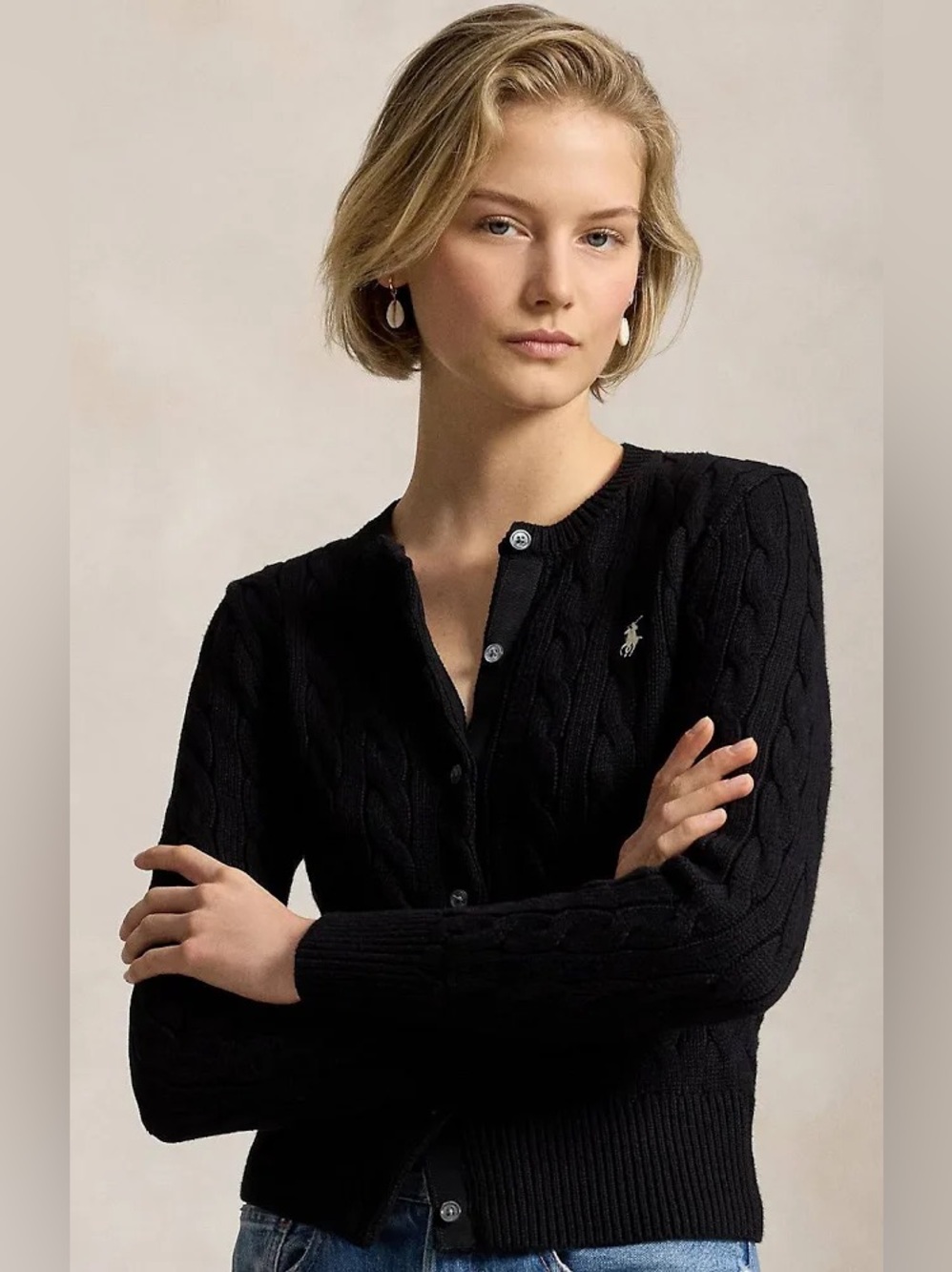 Cable-Knit Cotton Crewneck Cardigan